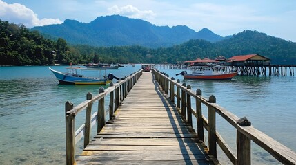 Naklejka premium Tranquil Wooden Pier Stretching Into Scenic Ocean with Moored Boats and Distant Mountains