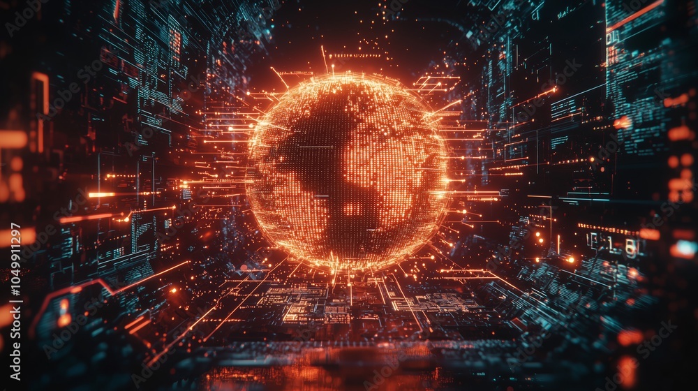 Poster digital hologram of a globe with interconnecting lines