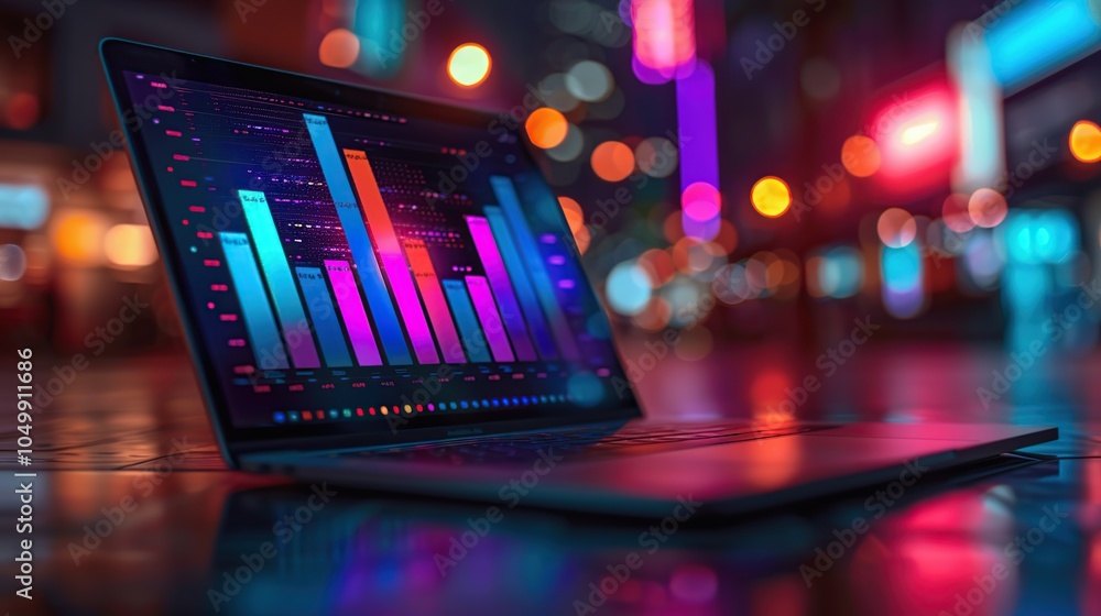Poster a laptop computer with a bar graph displayed on the screen, set against a blurred backdrop of city l