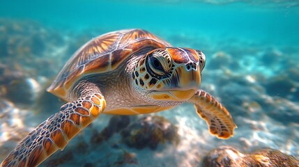 Fototapeta premium A green sea turtle under the ocean waters