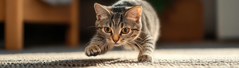 Fototapeta premium A cat chasing a laser pointer, paws reaching forward as it pounces, highlighting the agility and fitness of indoor pet play