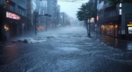 Obraz premium Heavy rainfall triggers urban flooding, with rivers inundating streets and buildings, highlighting the power of water and the challenges of cities coping with extreme rainfall.