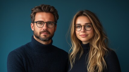 Stylish Couple in Matching Glasses and Dark Sweaters
