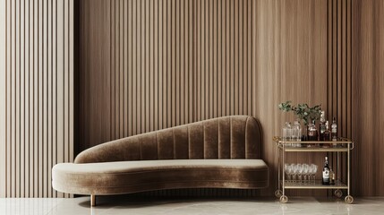 Elegant Modern Living Room: Curved Velvet Banquette, Geometric Coffee Table, Floor-to-Ceiling...