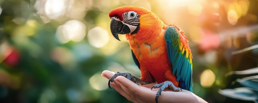 Owner teaching a parrot to perch on their finger, closeup of the bird s focused gaze and careful steps, showing the moment of training