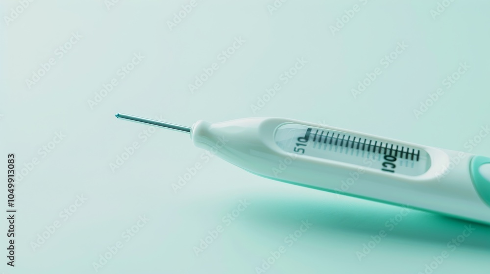 Poster a detailed close-up of a digital thermometer displaying a fever reading, set on a bedside table with