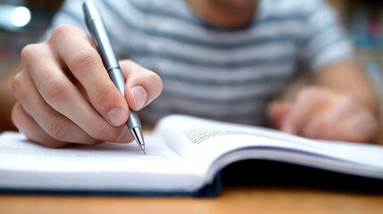 Person Writing in Notebook with Pen Close-Up