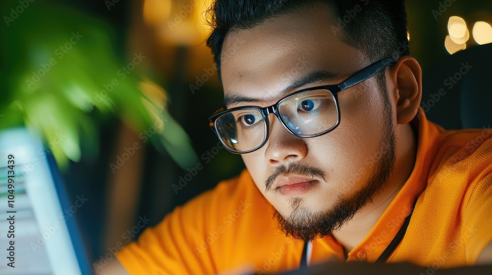 Poster focused programmer debugging code at night