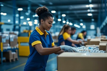 Factory workers packing goods into boxes in an industrial warehouse