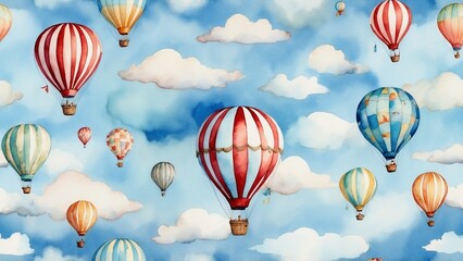 Fototapeta premium Dreamy Watercolor Hot Air Balloons in Azure Skies