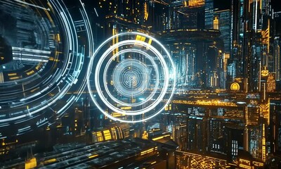 Futuristic Cityscape with Glowing Circuitry and a Large Circular Interface