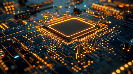 Closeup of a glowing circuit board with a processor, CPU, motherboard, technology, electronics, computer