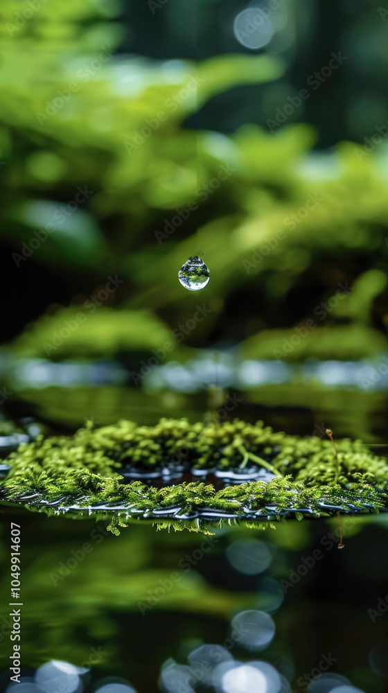 Aufkleber a single droplet of water falling from the top of the image toward a moss-covered ground. below, a s