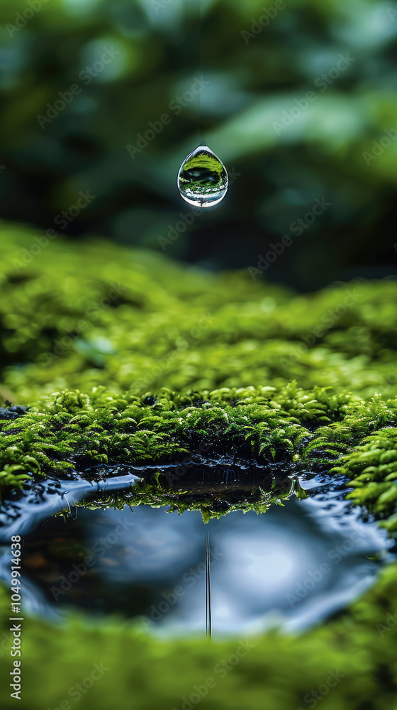 Aufkleber a single droplet of water falling from the top of the image toward a moss-covered ground. below, a s