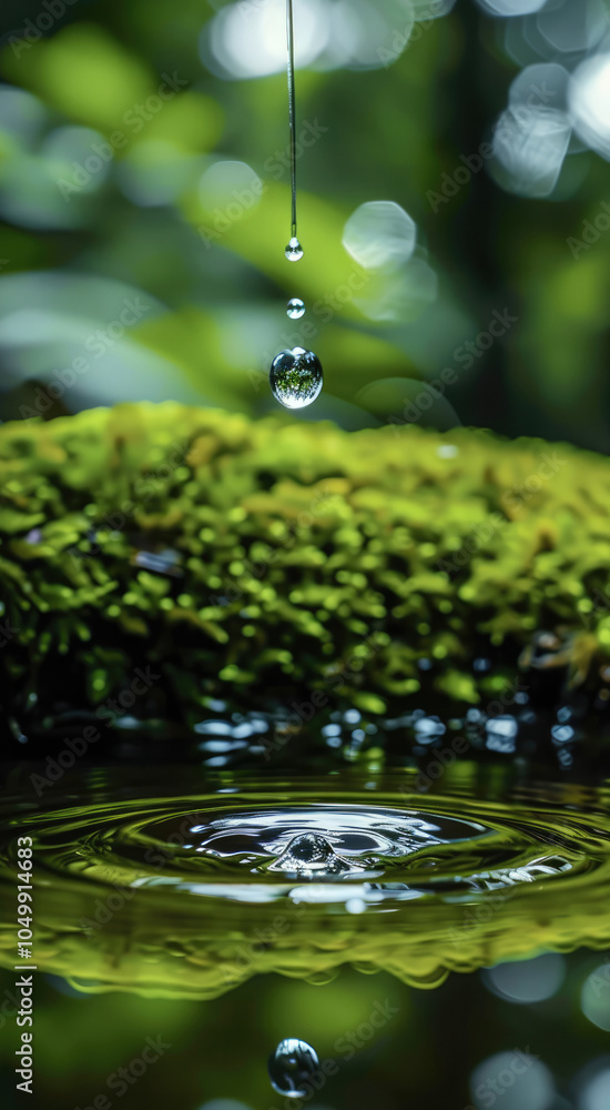 Aufkleber a single droplet of water falling from the top of the image toward a moss-covered ground. below, a s