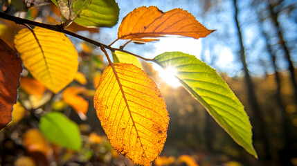 Fototapeta premium Sun Shining Through Autumn Leaves, fall, foliage, branch, tree, nature