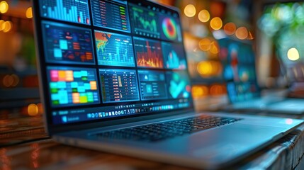 A laptop displaying a dashboard with various data visualizations.