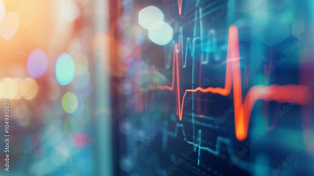 Poster a detailed close-up of a heart rate monitor displaying fluctuating readings, set against a soft, blu
