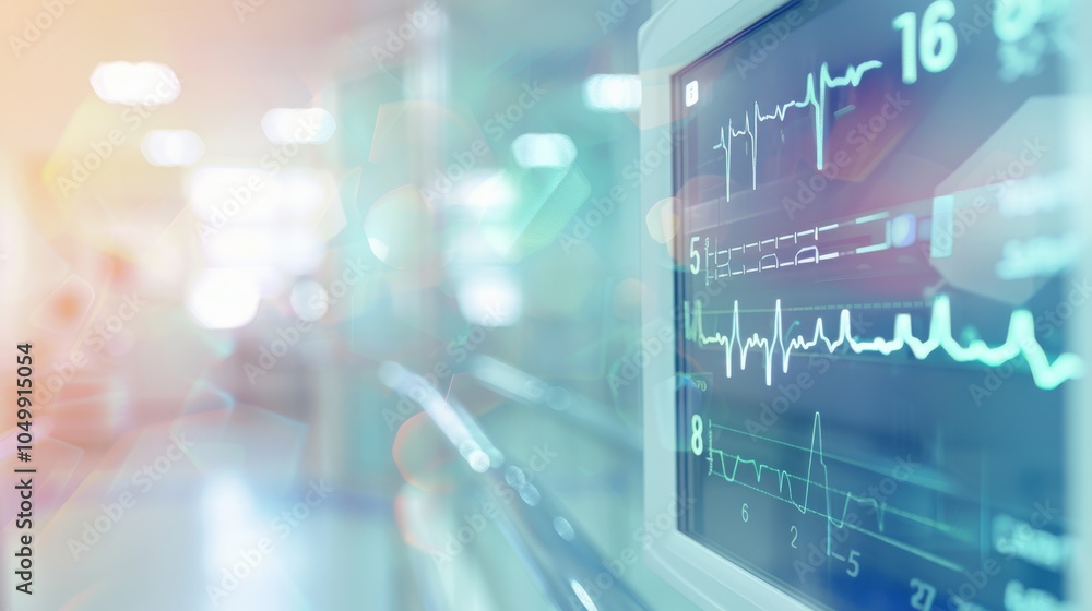Poster a detailed close-up of a heart rate monitor displaying fluctuating readings, set against a soft, blu