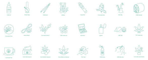 Icon Set Featuring CBD and Cannabis Products Including Oils, Blunts, Farm Elements, Wellness Items, and THC-Free Molecular Icons