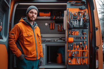 A plumber standing next to a fully equipped work van, showcasing the organization and readiness of their tools and equipment.