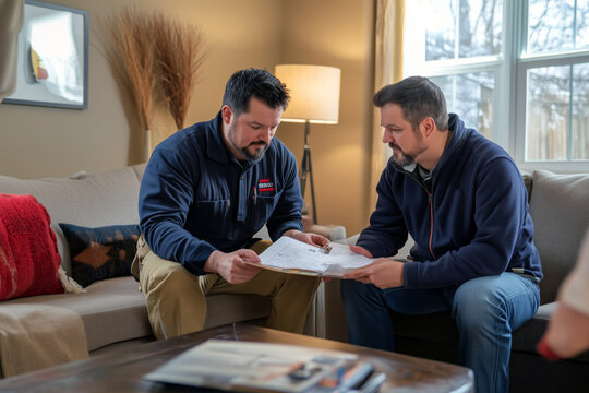 Plumber explaining a repair plan to a client in a modern living room, warm tones and professional demeanor.