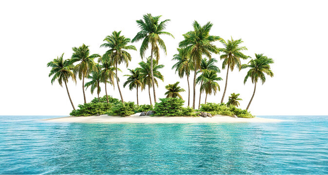 Tropical island with palm trees, isolated on transparent cutout background