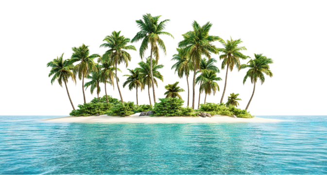 Tropical island with palm trees, isolated on transparent cutout background