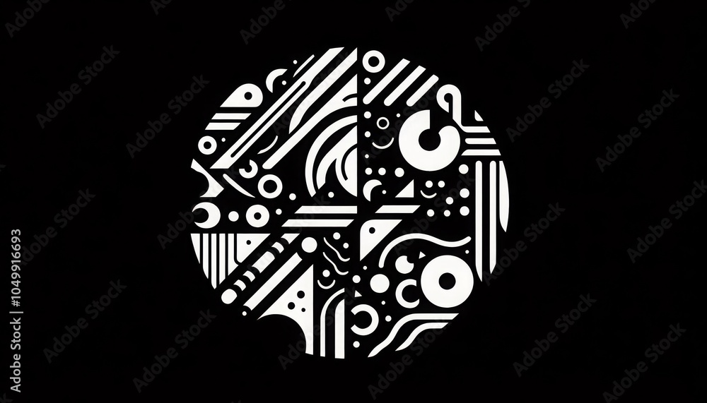 Poster geometric black and white abstract circle with diverse patterns on a dark background