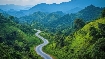 Fototapeta premium The lush green scenery of Doi Phu Kha National Park in Nan, with a winding road