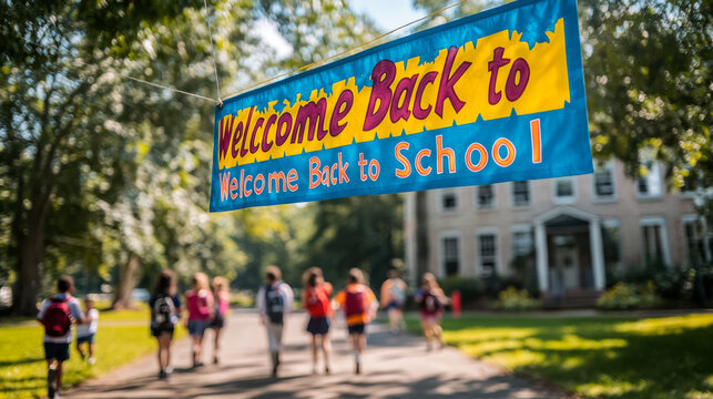Students walking toward a colorful welcome back to school banner in a bustling hallway filled with peers in a school building