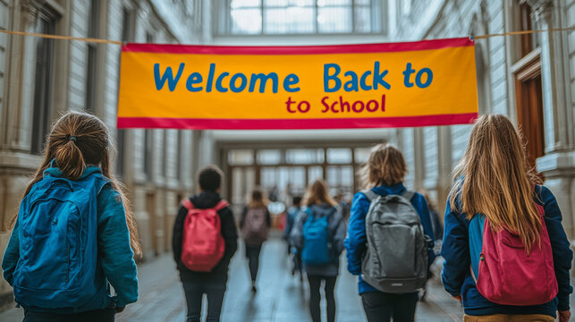 Students walking toward a colorful welcome back to school banner in a bustling hallway filled with peers in a school building