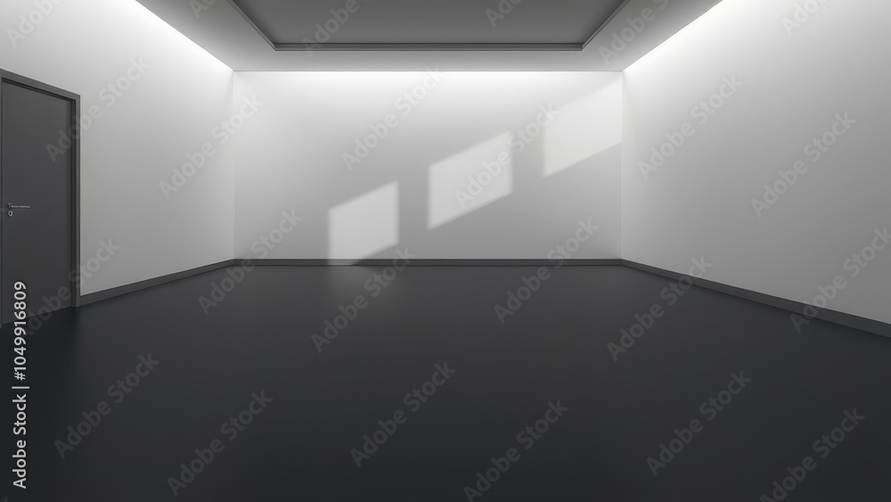 Poster Minimalist empty room with soft lighting and shadow patterns on white walls