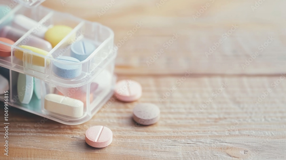 Poster a detailed close-up of a pill organizer with various medications neatly arranged, set against a ligh