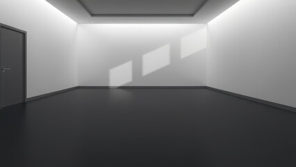 Fototapeta premium Minimalist empty room with soft lighting and shadow patterns on white walls
