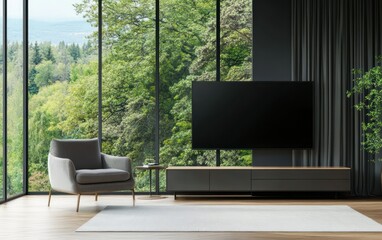 Fototapeta premium Modern living room with large window and nature view. Minimalist interior design concept.