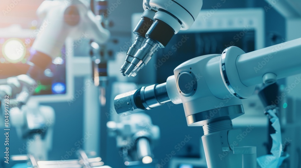 Leinwandbilder A detailed close-up of a robotic surgical system in use during a complex procedure, with focus on the robotic arms and surgical field, set against a sleek