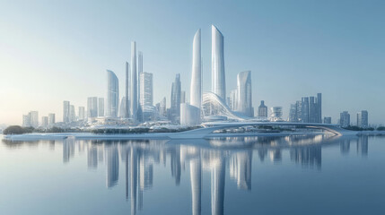 Obraz premium city ​​skyline, metropolis, landscape, city, architecture, skyscraper, building exterior, river, new city, future, tourist destination, sky, famous attraction, urban area, modern, reflection, nobody, 