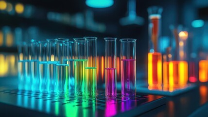 Biotechnology lab featuring multicolored glowing liquids in test tubes, representing advanced gene therapy research