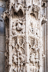 Detail on the facade of beautiful Rouen Cathedral also called Cathedral of Notre-Dame, in Gothic-style, richly decorated, Rouen city center, Normandy, France