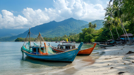 Obraz premium Traditional Thai Fishing Boat with Colorful Nets on Koh Chang Beach Shoreline