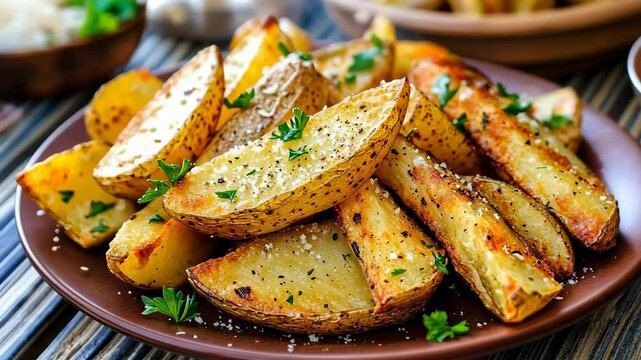 Crispy baked potato wedges with herbs and seasoning on a rustic wooden table