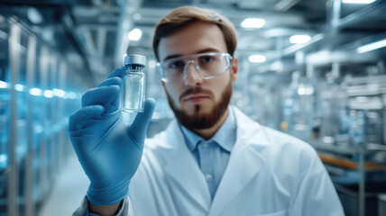 Lab technician holding a vial of bioengineered enzymes in a modern, hightech biotechnology facility