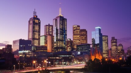 Fototapeta premium Glowing Cityscape of Financial Institutions at Dusk in a Vibrant Urban Setting, Symbolizing the Thriving World of Finance | Ultra-Detailed Image