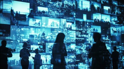 A close-up of staff in a CCTV headquarters analyzing live feeds from various locations, highlighting teamwork in security management