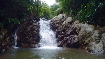 Obraz premium Cascading Waterfalls Surrounded by Lush Jungle Foliage in Scenic Tropical Landscape