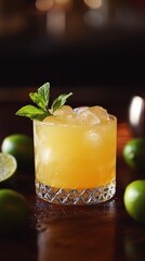 Fototapeta premium Refreshing cocktail with ice and mint served with lime on a wooden table in a cozy bar setting