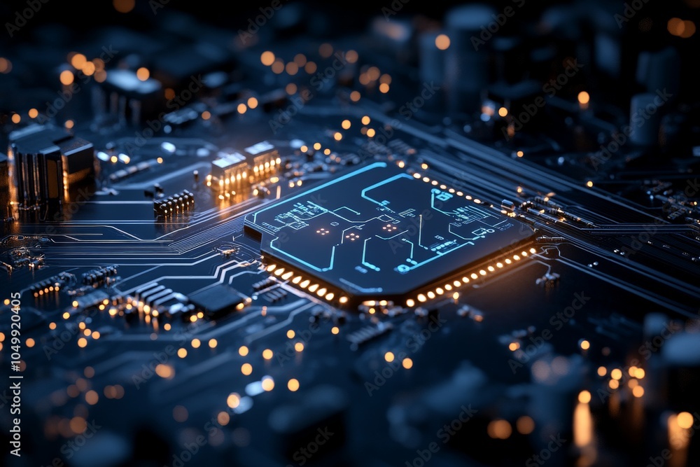 Poster a close-up view of a glowing microchip resting on a circuit board, representing modern technology an