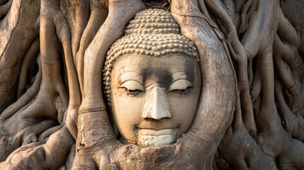 The serene face of the Buddha entwined in the roots of a Bodhi tree at Wat Mahathat