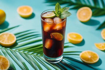 Fototapeta premium Refreshing iced drink with lemon and mint on a vibrant blue surface during summer afternoon